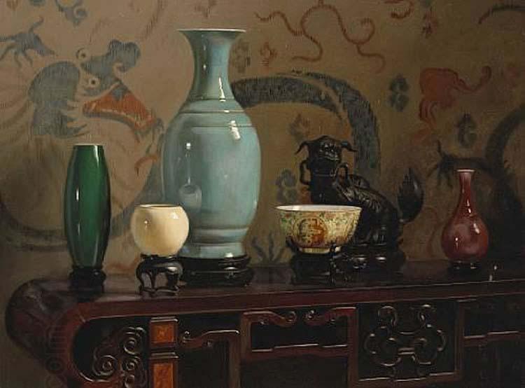 Hubert Vos Asian Still Life with Blue Vase, oil painting by Hubert Vos China oil painting art